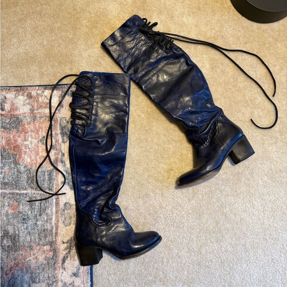 Freebird by Steven 100% Genuine Leather ‘Rolls’ Blue Over the Knee Lace Up Boots - Picture 4 of 11